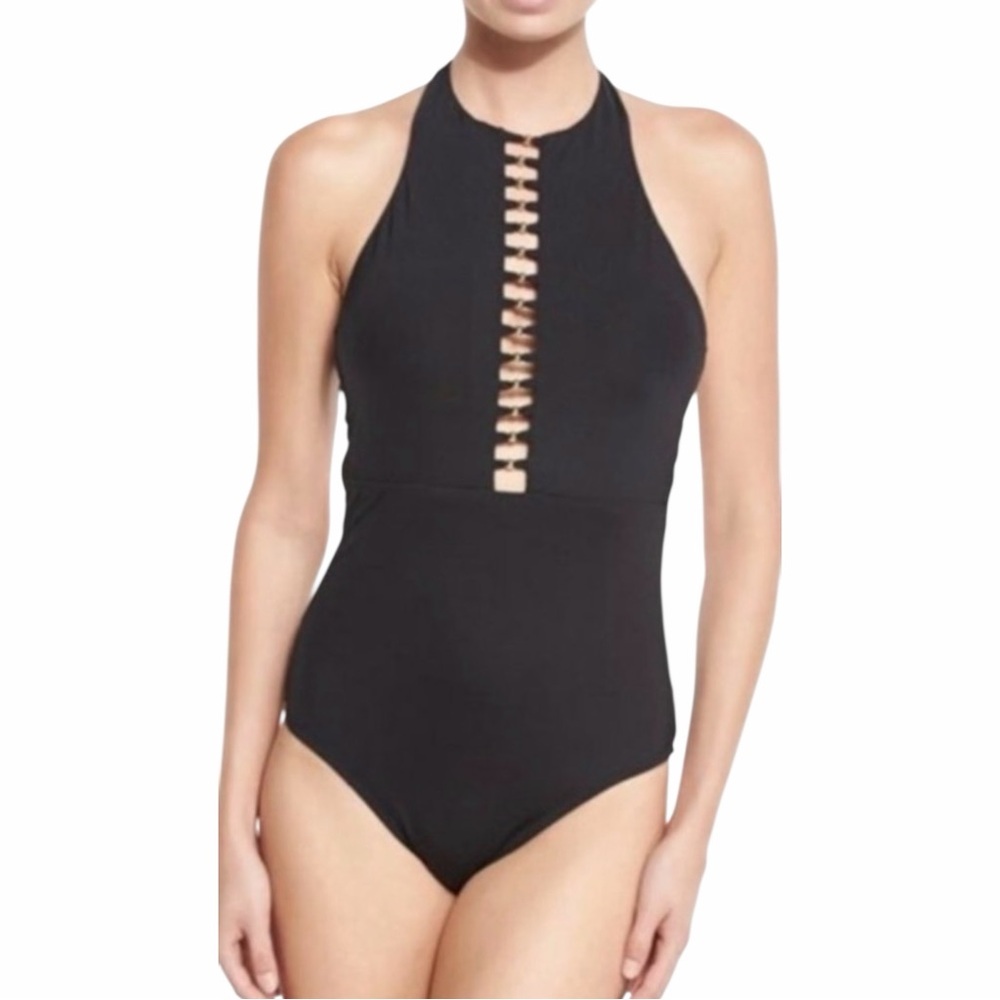 NEW Trina Turk Black Gypsy High Neck One Piece Beaded Swimsuit size 4
